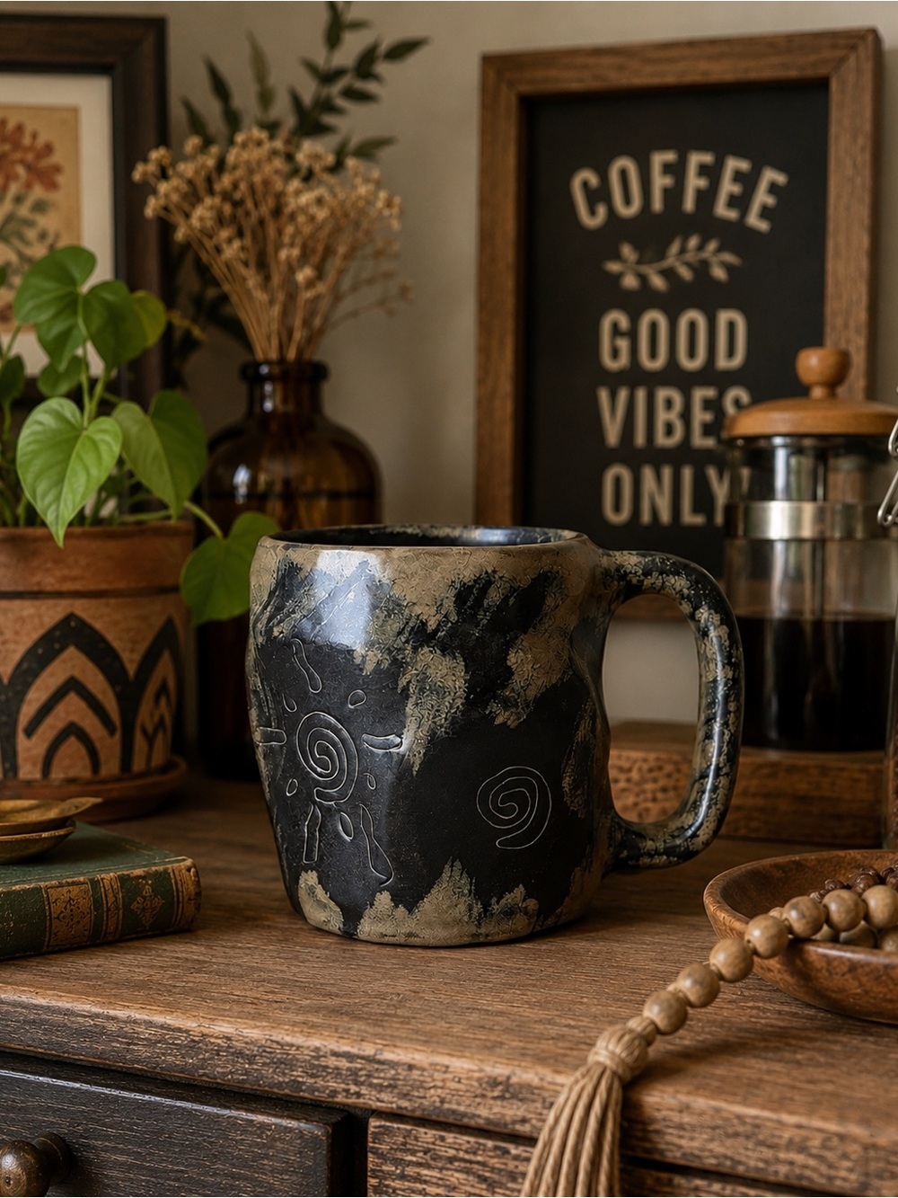 Mara Mexico Coffee Mug Rock Art Sunburst Southwestern Brown Stoneware 20 oz Cup